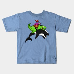 T-Rex Dinosaur Sloth Riding Orca Whale Kids T-Shirt